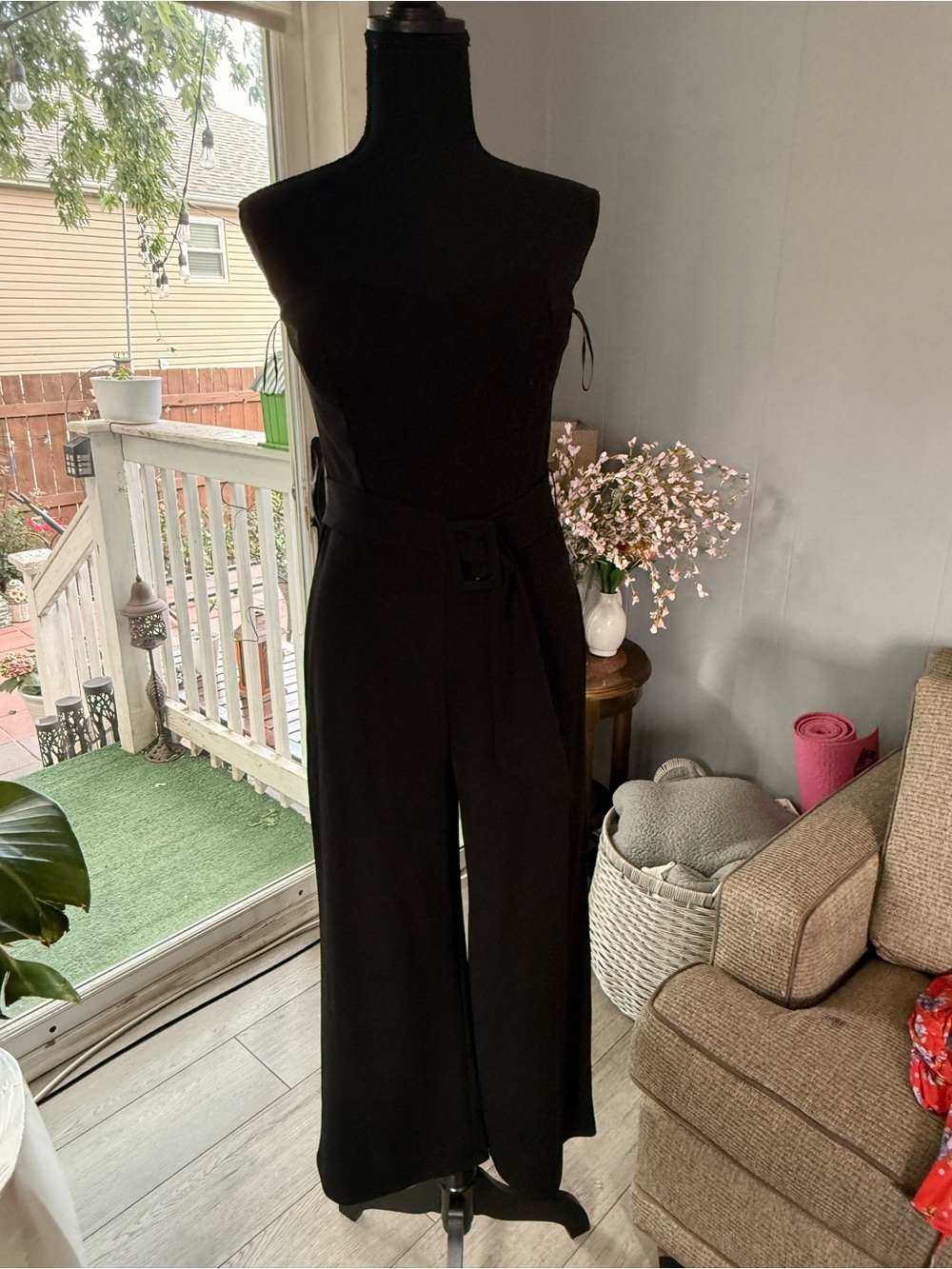 Revamped Black Strapless Wide-Leg Jumpsuit with Belt